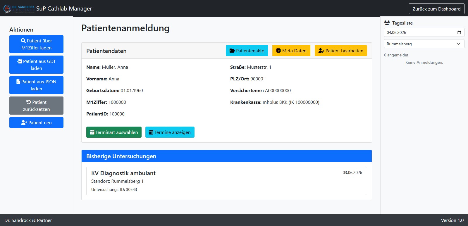 Patientenanmeldung mit PVS-Import, Stammdaten und Besuchshistorie