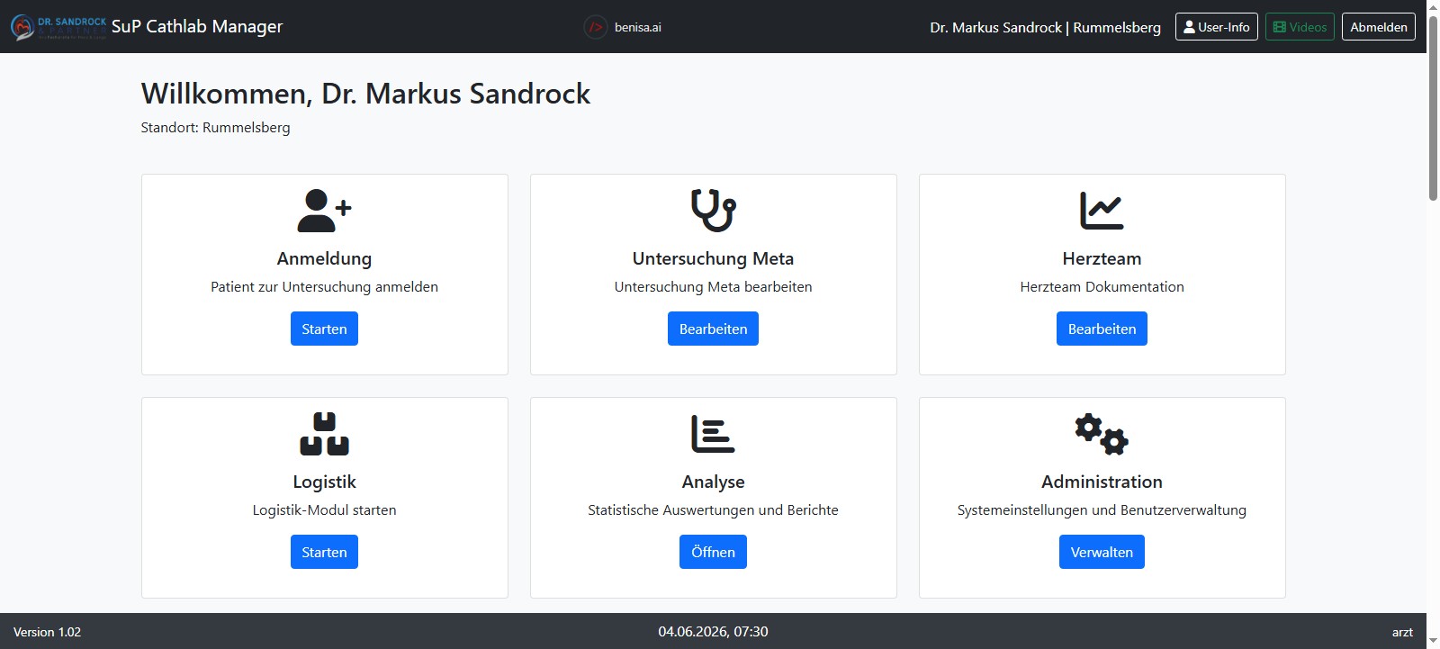 Cathlab Manager Dashboard mit Modulen und Wochenübersicht