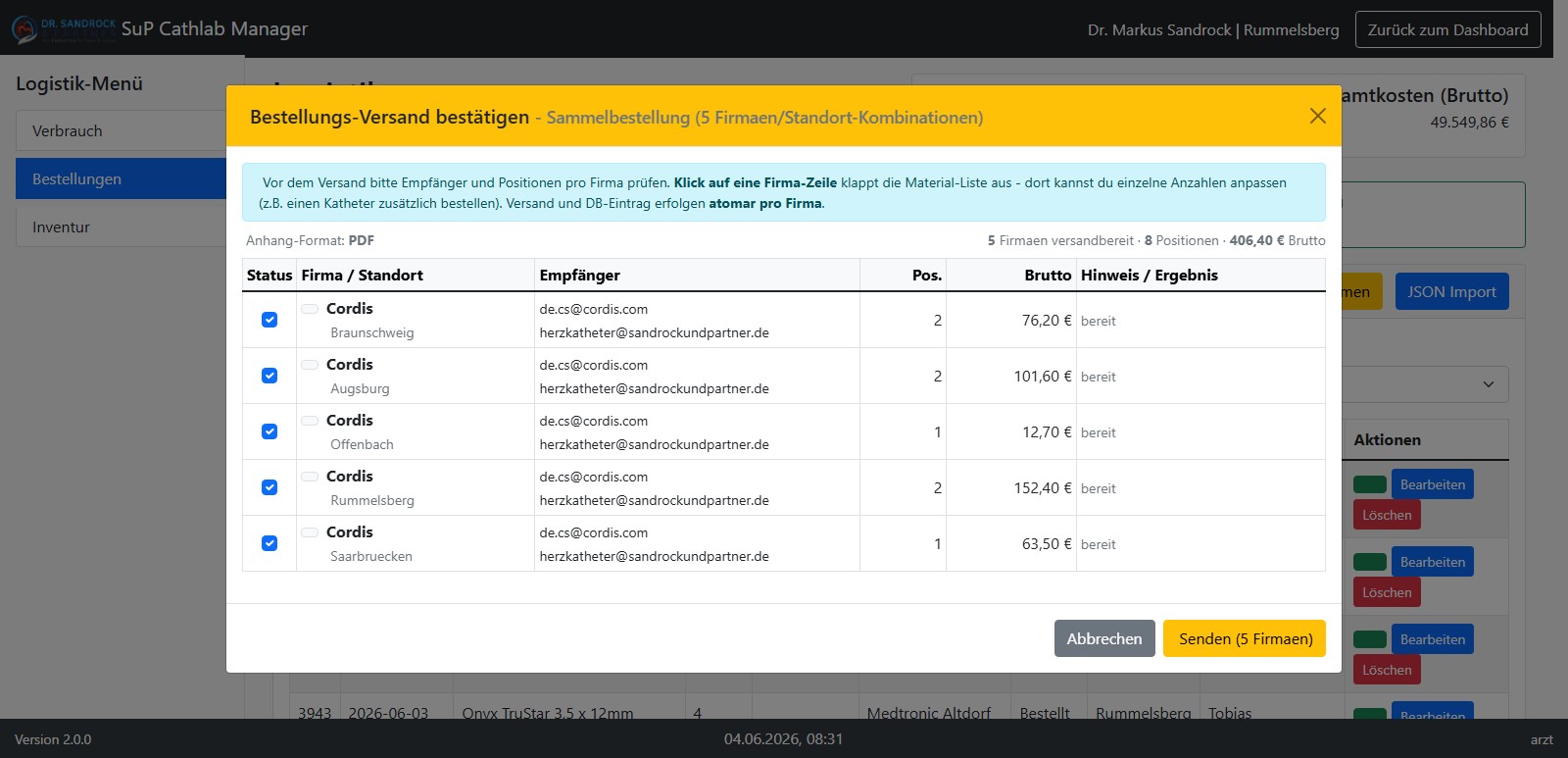 Sammelbestellung pro Lieferant mit PDF-Versand